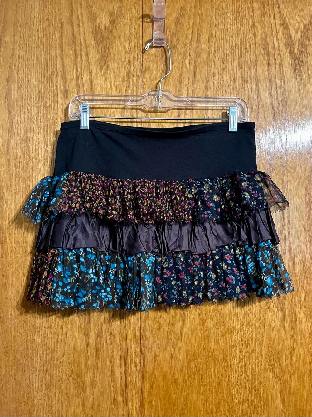 Free People Black Mini Skirt with Blue and Pink Floral Ruffles